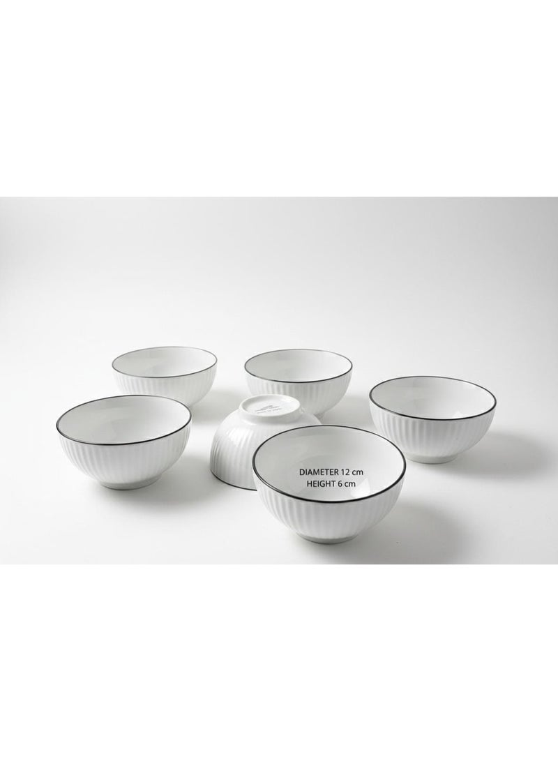 White ceramic bowl set, 6 pieces with black rim – 12 cm diameter – stylish striped design – ideal for soup, salad, and desserts - Image 1